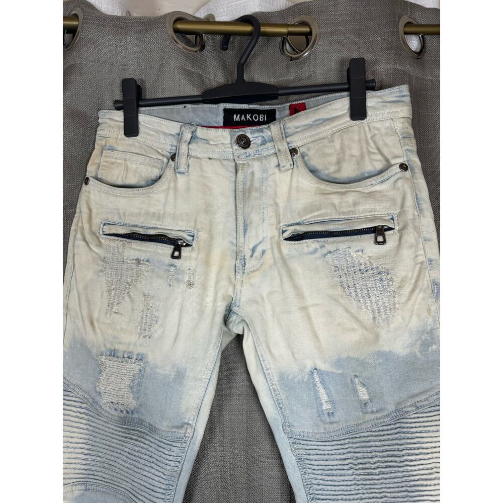 Makobi Prado Biker Jeans With Rip & Repair Light Wash (Recut) Men’s S 30 X 32 View 3